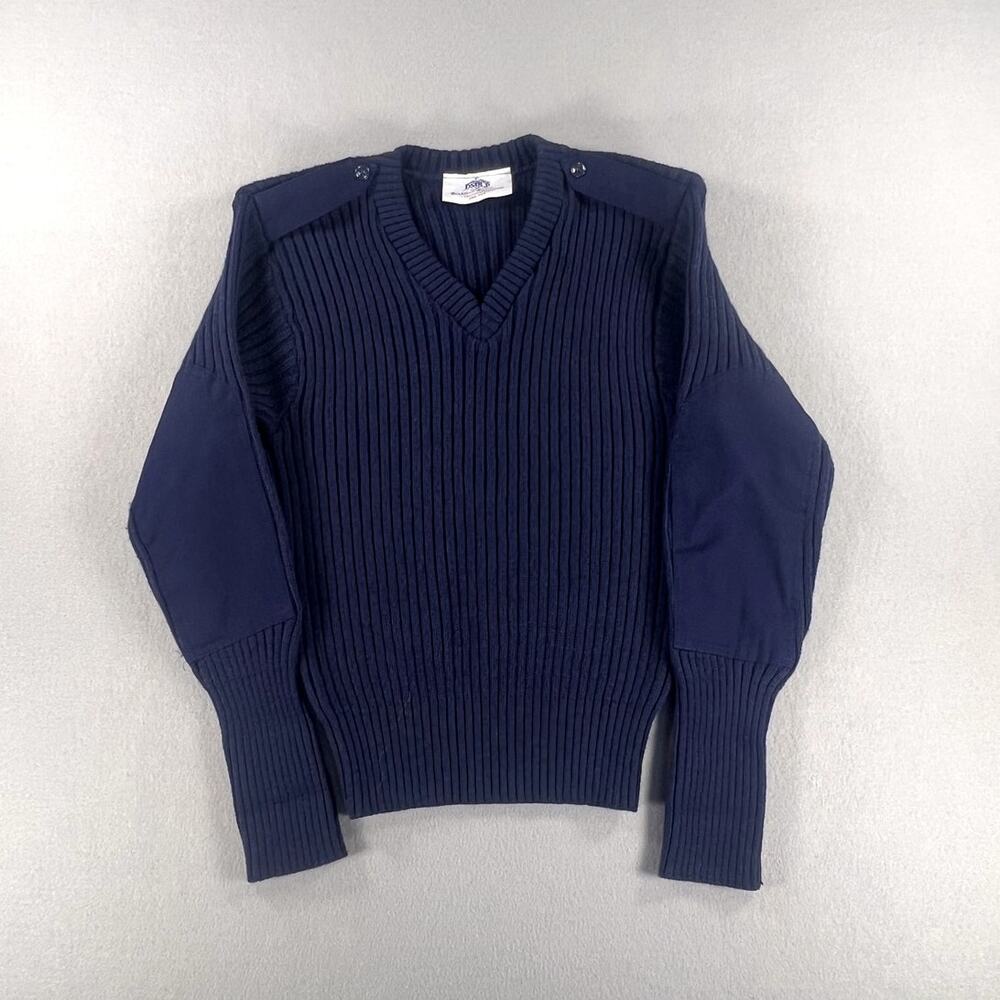 Vintage DSCP Blue Army 100%‎ Wool Sweater Mens Size 40R Elbow Patches V-Neck